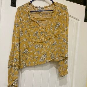 American Rag Yellow and Blue Ruffled Crop Blouse